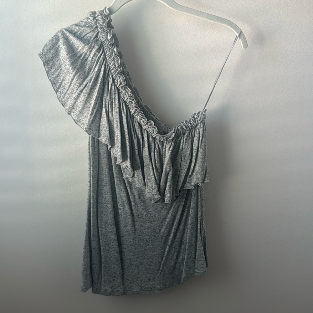 Rebecca Taylor One Shoulder Ruffle Heather Gray Flax Top Women's Size Medium